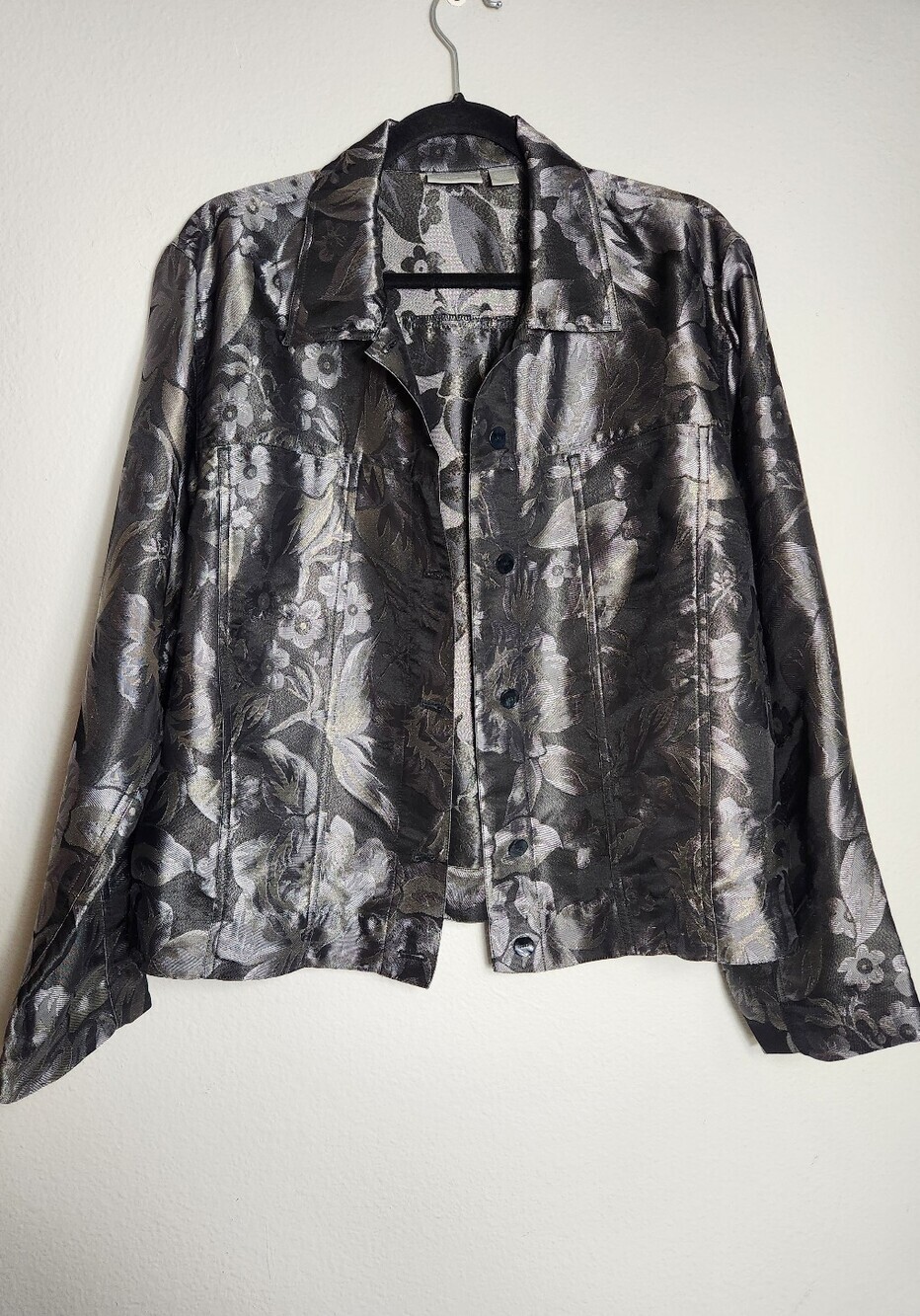 Chicos Womens |Chicos 2/Large| Metallic Floral Silk Blend Lightweight Jacket